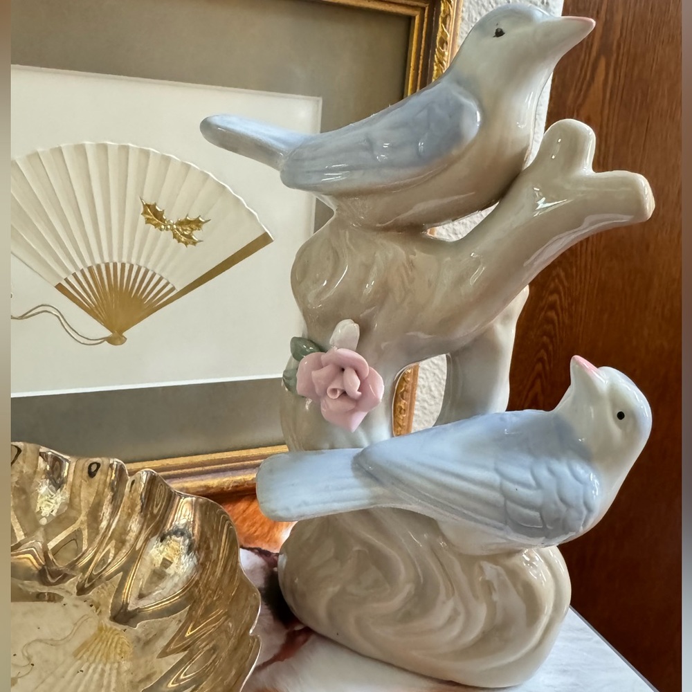 Vintage Blue Birds on Branch Figurine Ceramic Sculpture China Chinoiserie